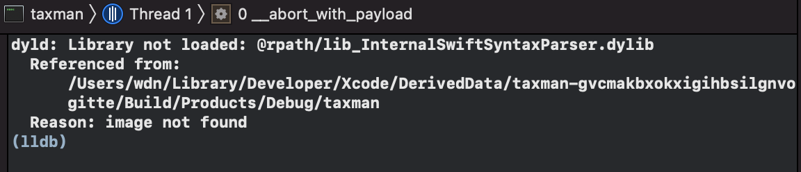 Library not loaded dyld: Library not loaded: @rpath/lib_InternalSwiftSyntaxParser.dylib
